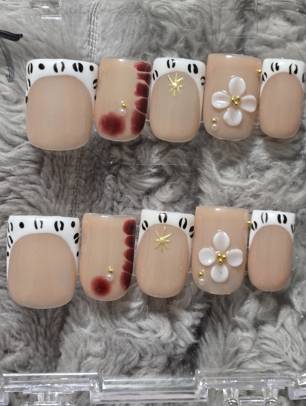 Nude Floral 3D Accent Press-On Nails with Black French Tip Detail